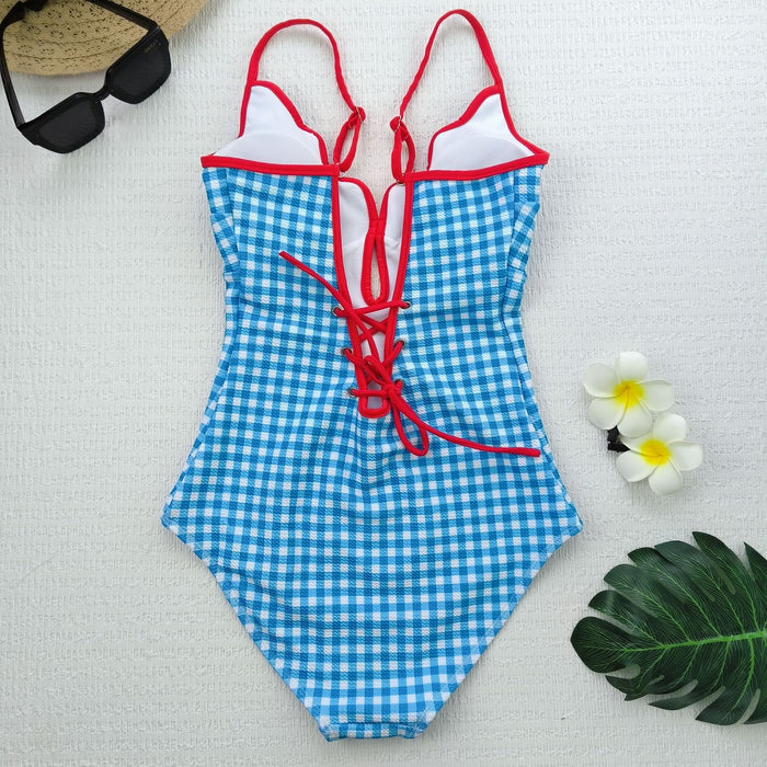 Wholesale Single piece checkered triangular swimsuit for women, embroidered red dress, vacation hot spring