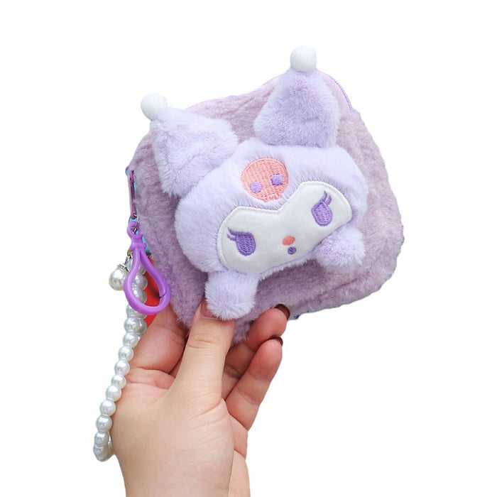 Wholesale Trendy Plush Animal Head Zipper Coin Purse With Beaded Wrist Strap Cute Gift