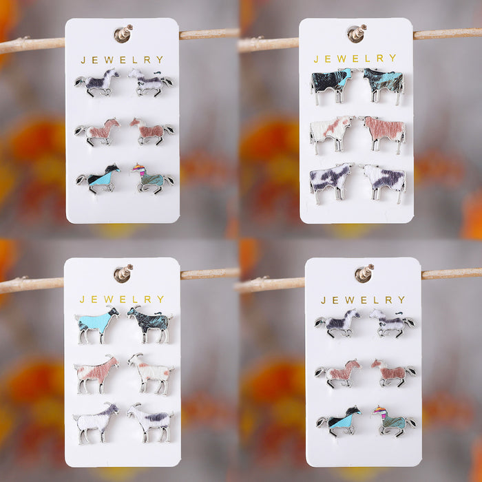 Wholesale Personalized animal series earrings set niche design cow,  sheep and horse spot alloy earrings