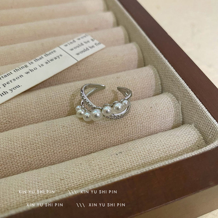 Wholesale Light luxury pearl cross design ring, fashionable and versatile index finger ring, high-end feel, adjustable opening ring