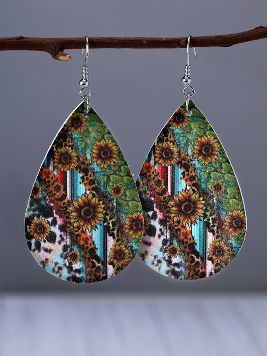 Wholesale Water Drop Shape Leather Sunflower Leaf Stripe Print Earrings JDC-ES-YiTian009