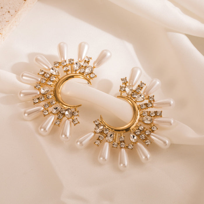 Wholesale Pearl Earrings for Women Inlaid with Rhinestones C-Shaped Earrings