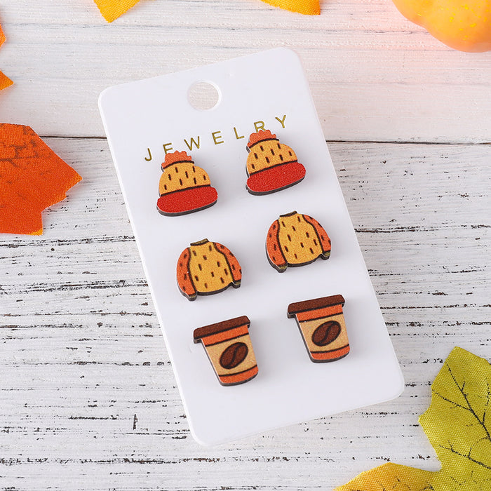 Wholesale Autumn Thanksgiving Maple Leaf Pumpkin Earring Set Wooden Personalized Thanksgiving Harvest Earring Gift