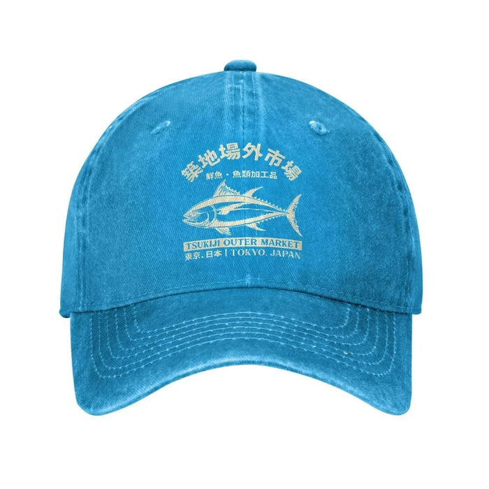 Wholesale Retro Japanese Tuna Print Washed Baseball Cap Adjustable Summer Sun Hat For Resale