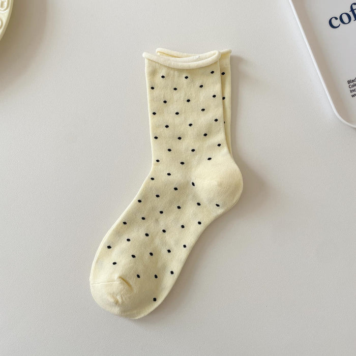 Wholesale Curled edge polka dot socks, mid tube socks, simple pile socks, sweat absorbing long socks