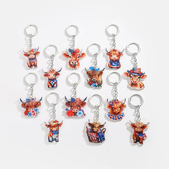 Wholesale 12PCS American Independence Day Acrylic Highland Cow Keychain JDC-KC-HuiWen008