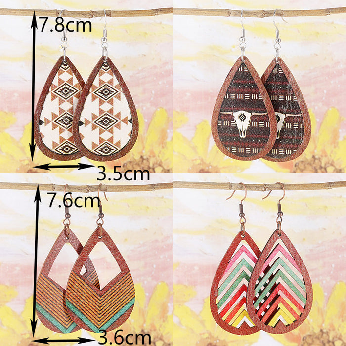 Wholesale Aztec Bohemian Western Old Style Bull Head Colorful Cut Out Women' s Wooden Earrings