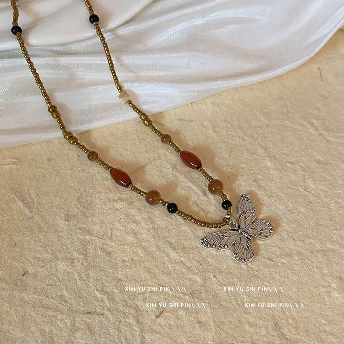Wholesale Square butterfly bead necklace, retro artistic niche, layered necklace accessory
