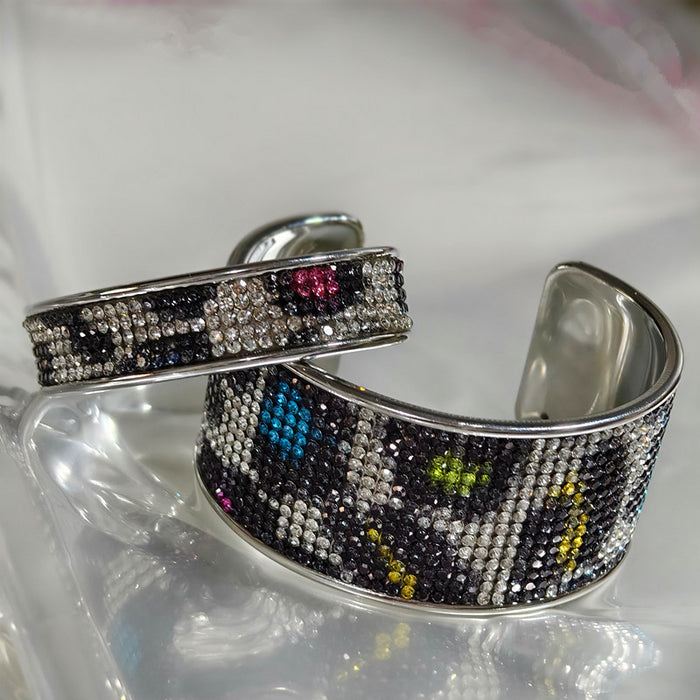 Wholesale Leopard Print Rhinestone Bangle Bracelet Silver Plated Open Cuff Fashion Jewelry Accessory