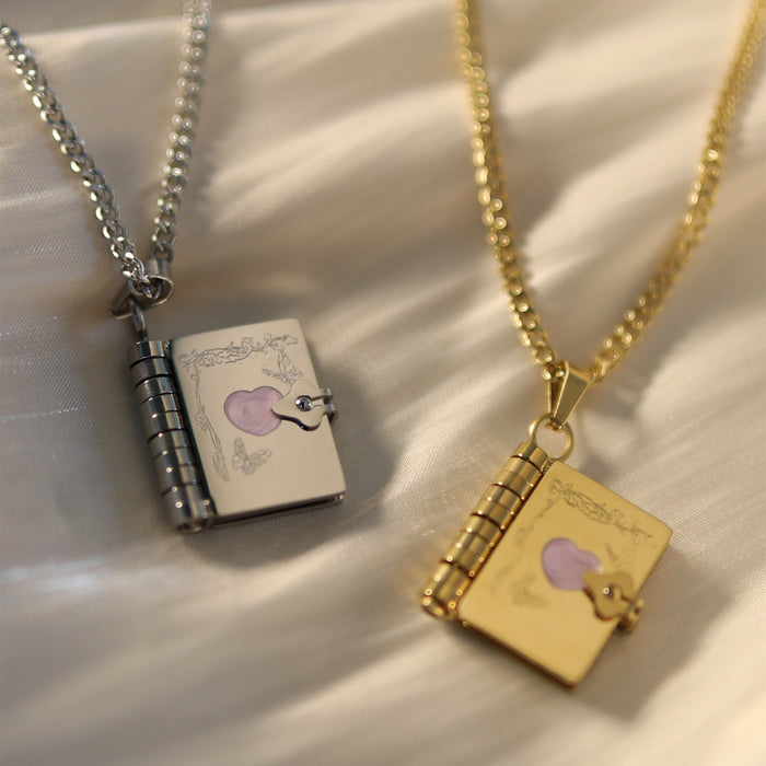 Wholesale Titanium Steel Heart-Shaped Commemorative Butterfly Opening and Closing Book Necklace