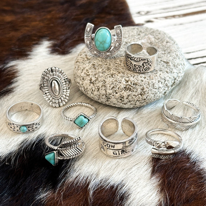 Wholesale Western cowboy retro style turquoise ancient silver arrow feather horse ring multi-element imitation gemstone ring for women