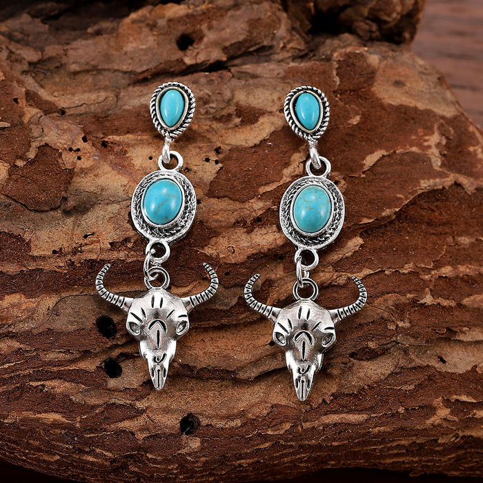 Wholesale Western cowboy retro oval metal earrings creative inlaid turquoise bull head pendant earrings