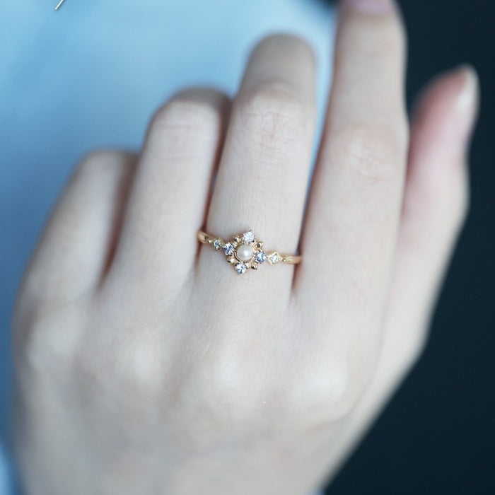 Wholesale Ring Natural Pearl Zircon Diamond Snowflake Versatile Light Luxury Ring