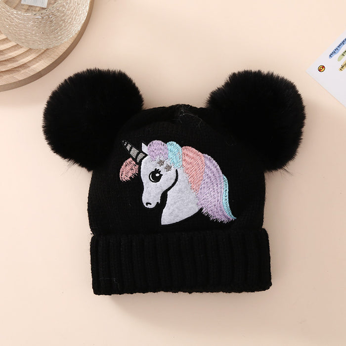 Wholesale Children' s Knit Hat for Autumn and Winter  Embroidered Unicorn and Double Pom-Poms Warm Winter Hat