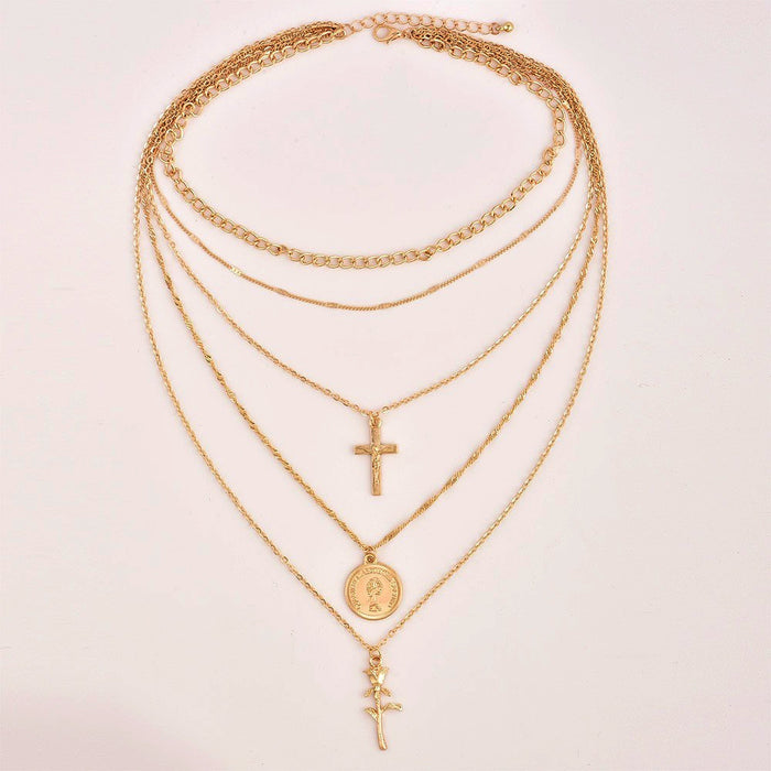 Wholesale Trendy New Fashionable Personalized Cross Rose Multi layer Necklace Combination Jewelry