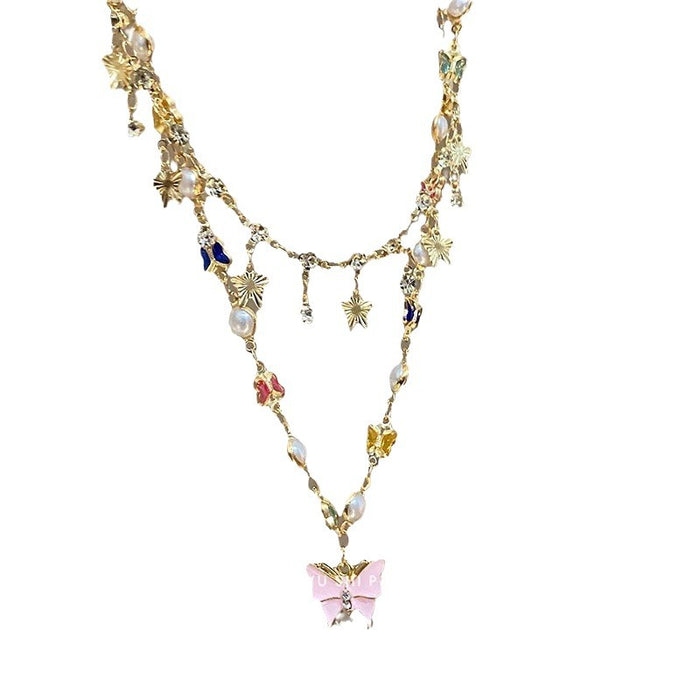 Wholesale Butterfly tassel necklace, double-layer layered versatile heart pendant, collarbone chain