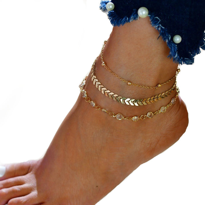 Wholesale Beach multi-layer zircon leaves, octagonal pearl ankle chain, sun moon star pattern jewelry
