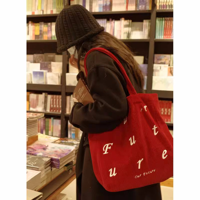 Wholesale Bright red corduroy retro shoulder bag for women versatile large capacity embroidered simple tote bag for women