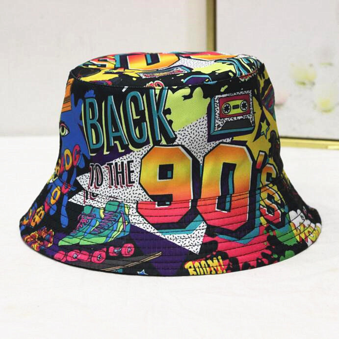 Wholesale geometric graffiti retro fisherman hat printed double-sided all-match basin hat outdoor sun hat