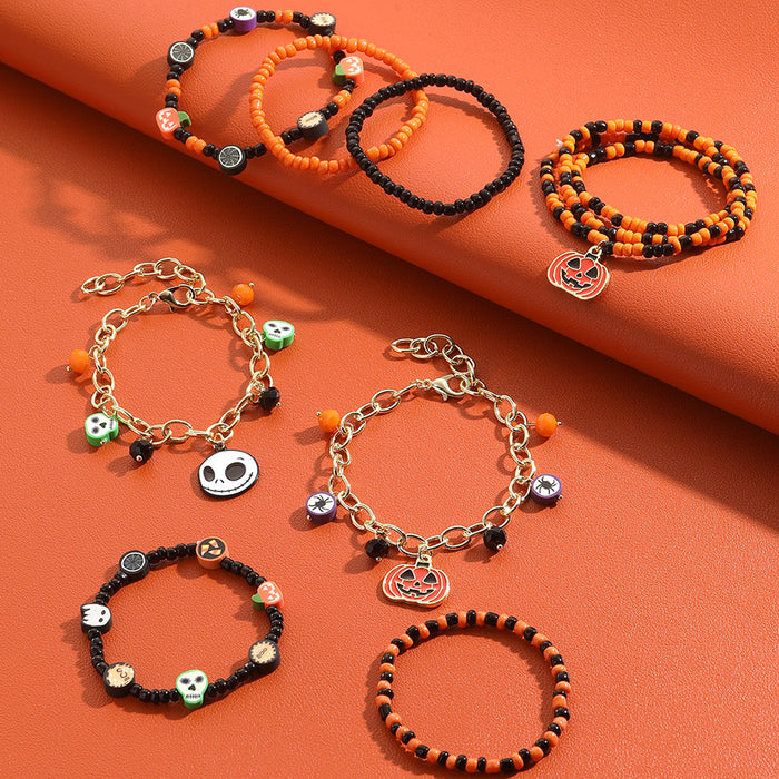 Wholesale Bracelet suit Beads Orange Pumpkin Skull Pendant Halloween Bracelet