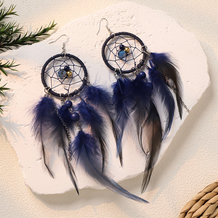 Wholesale Feather Bohemian Dreamcatcher Tassel Earrings Handcrafted Fashion Accessory