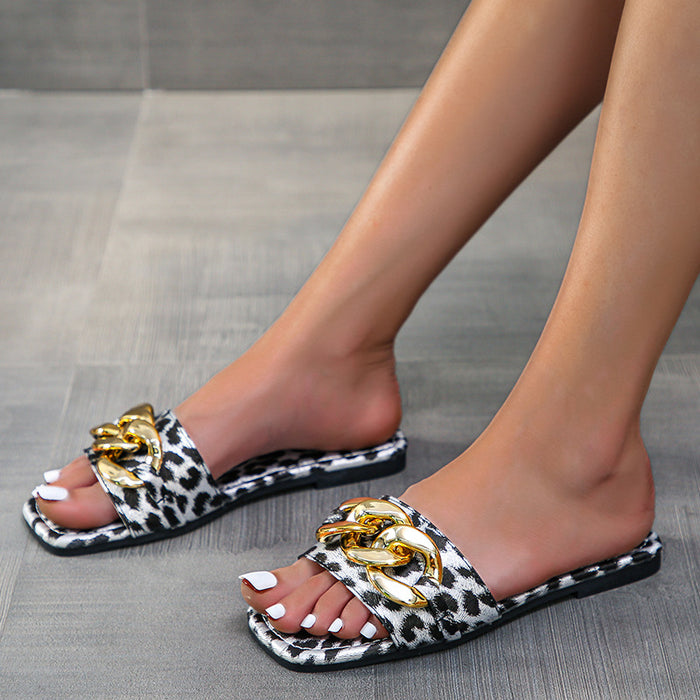 Wholesale PU Metal Chain Square Toe Flat Slippers JDC-SP-WeiZ002