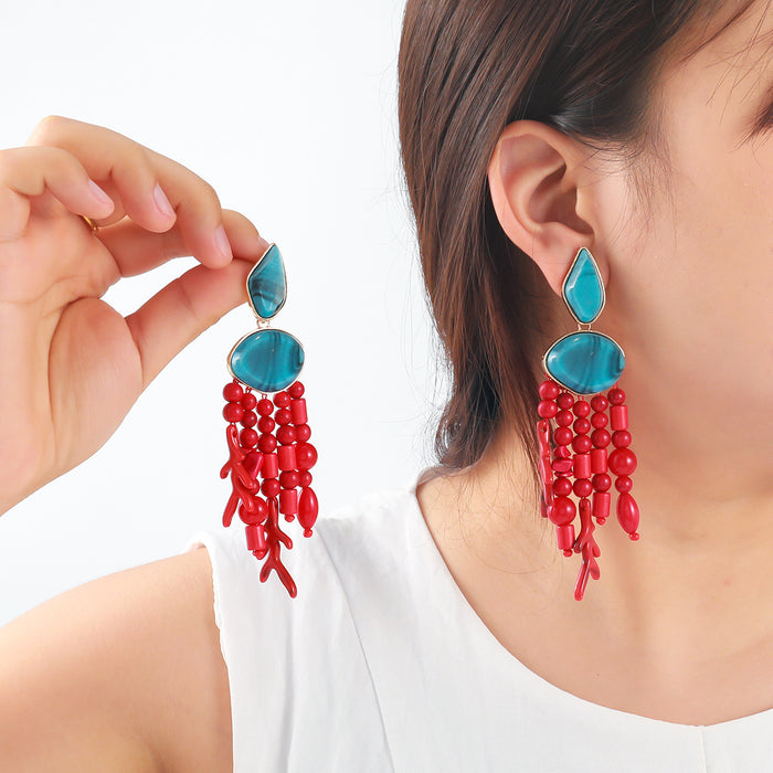 Wholesale Red Branch Tassel Multi-Layer Turquoise Earrings Resort Style Earrings