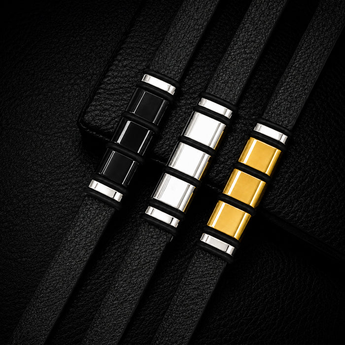 Wholesale Men' s Stainless Steel Bamboo Leather Bracelet Accessory
