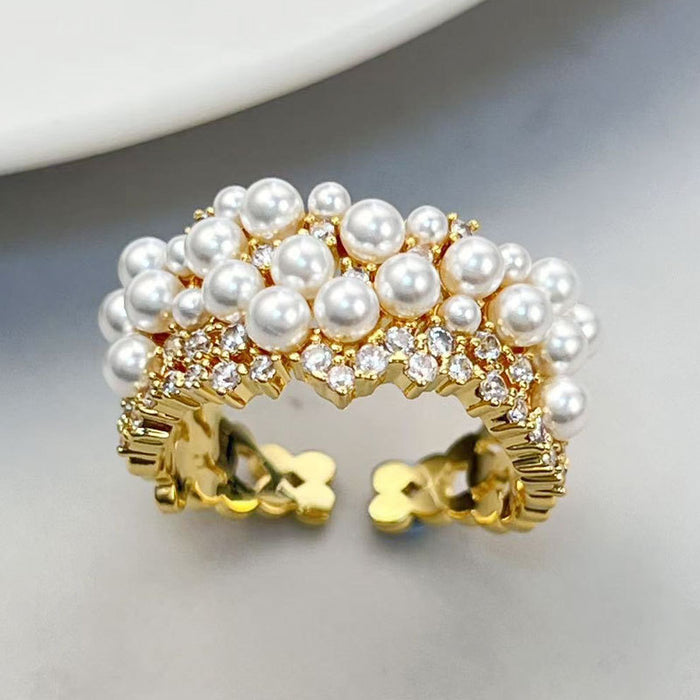 Wholesale Pearl Zircon Open Ring Niche Exquisite Finger Ring  Ring