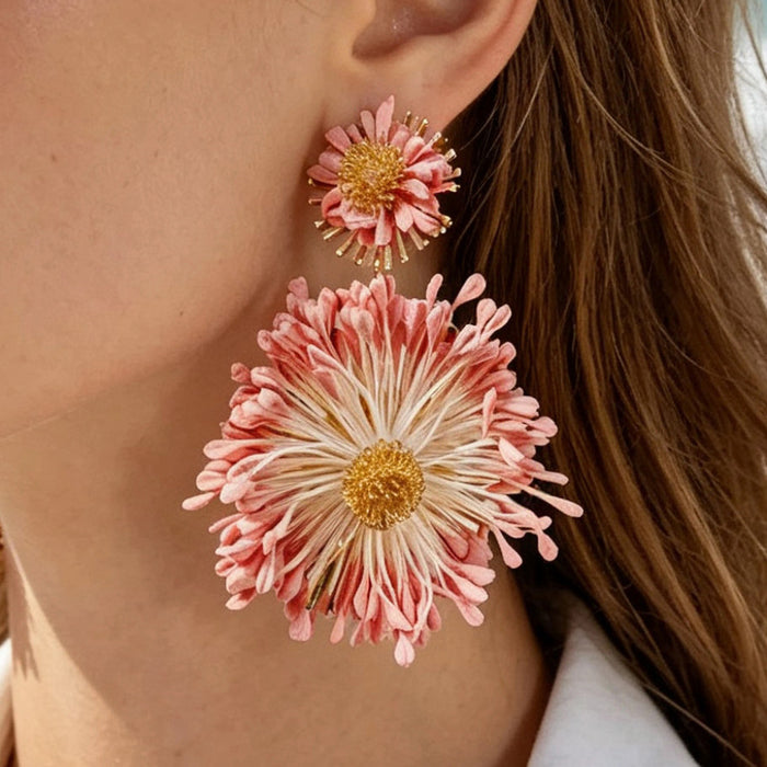 Wholesale Vacation Style Handmade Raffia Flower Earrings Red Jewelry Accessory MOQ≥5