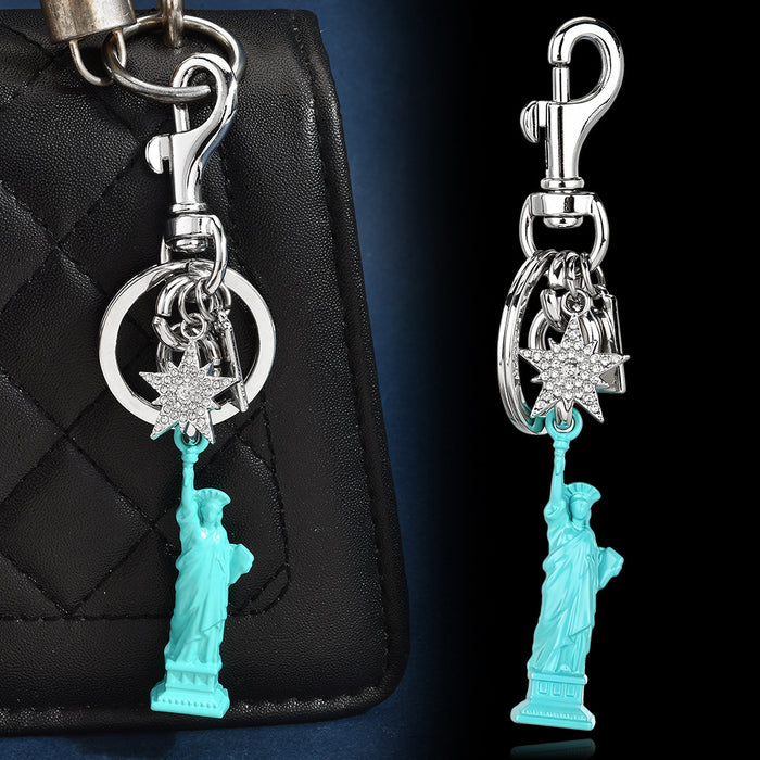 Wholesale Chic Statue Of Liberty Keychain Pendant Light Blue 3D Charm With Rhinestone Star Gold Tone Alloy Bag Accessory