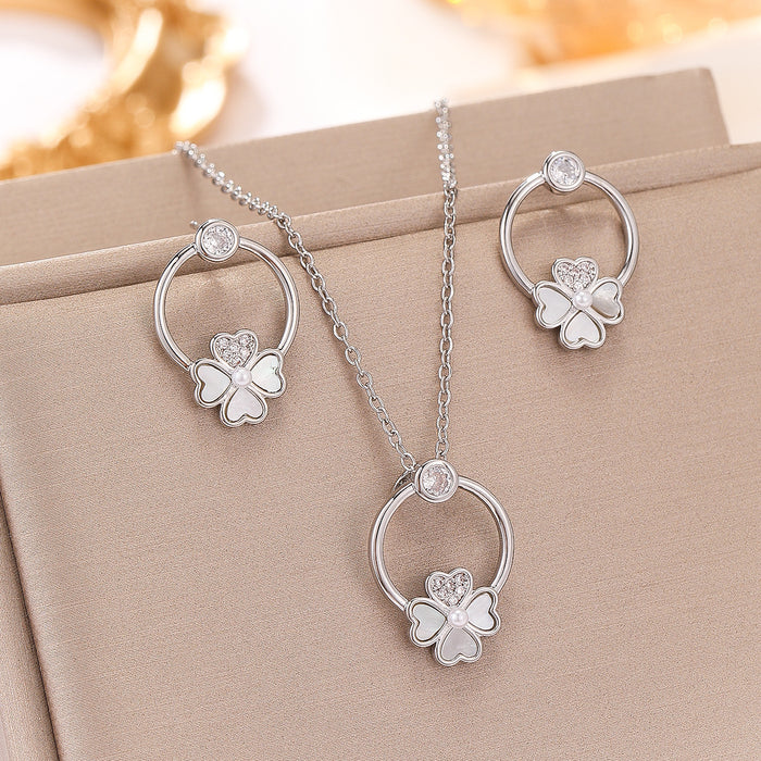 Wholesale Simple Copper Zircon Petal Necklace Earrings 2 Piece Set Simple Four-leaf Clover Shell suit