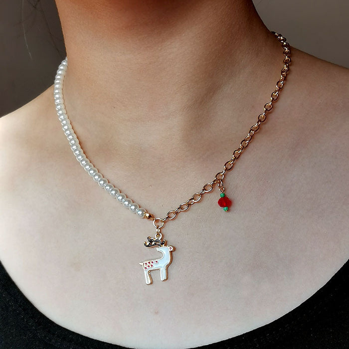 Wholesale Christmas Necklace Alloy Dripping Oil  Snowflake Bell Pearl Christmas Necklace