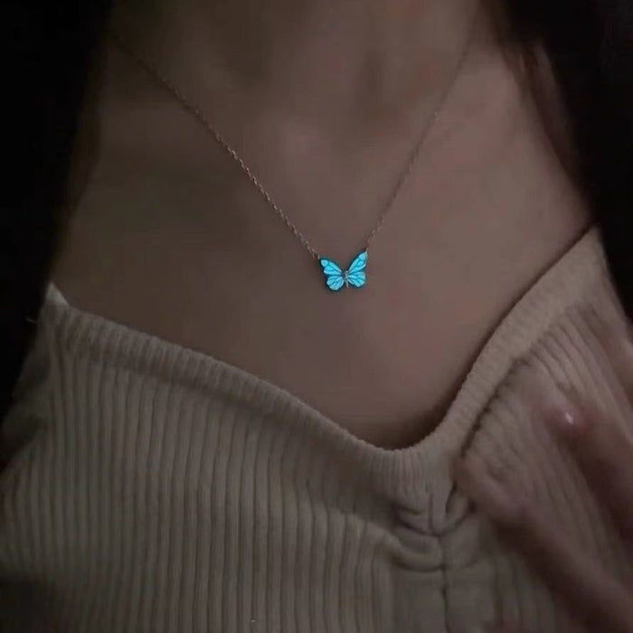 Wholesale Light necklace, simple and luxurious, fashionable new style, blue glowing and agile butterfly forest aurora collarbone chain