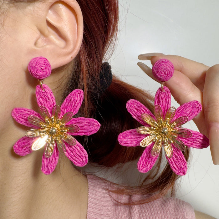 Wholesale Vacation Style Handmade Raffia Flower Earrings Red Jewelry Accessory MOQ≥5
