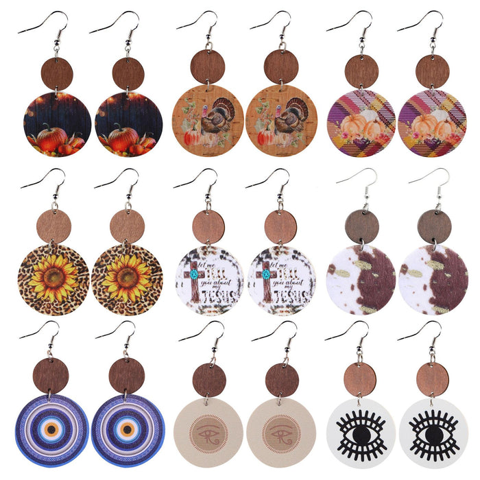 Wholesale Thanksgiving Pumpkin Western Leopard Print Sunflower Eyes Round Leather Wood Block Earrings