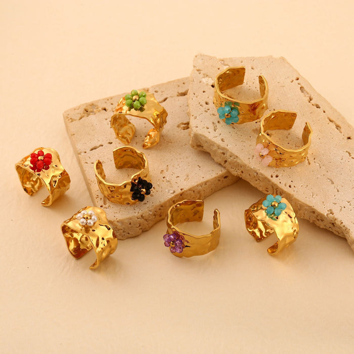 Wholesale Simple and fashionable 18K stainless steel flower ring, trendy stone petal opening ring, multi-color wholesale