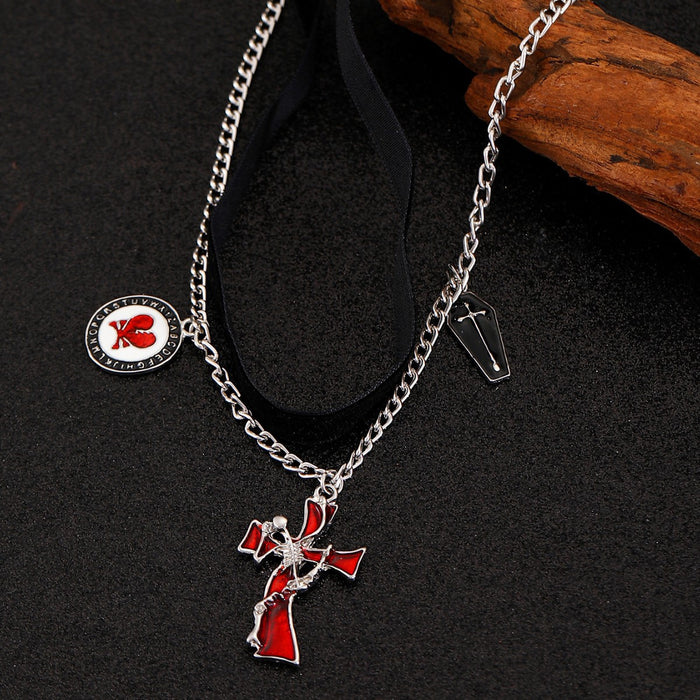 Wholesale Double-Layered Collarbone Chain Black Cross Personalized Fashion Pendant Pumpkin Skull