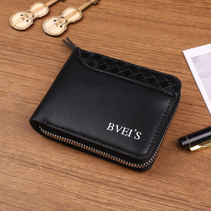 Wholesale PU Leather Men' s Zipper Wallet Plaid Pattern Black MOQ≥2