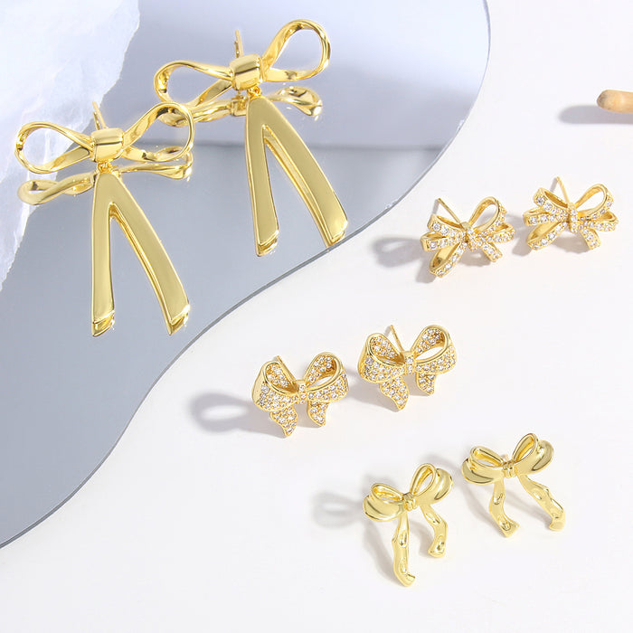 Wholesale Irregular Hollow Zircon Copper Bow Earrings JDC-ES-BaiTian006