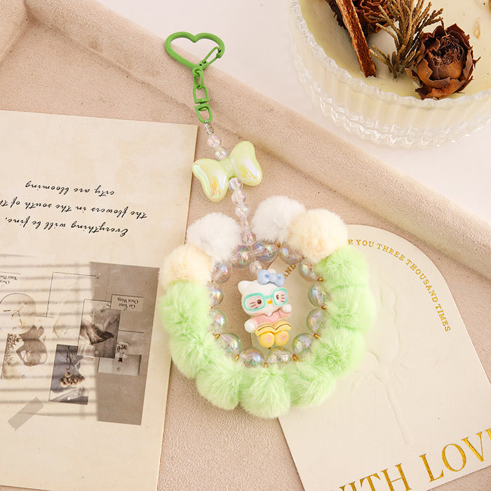 Wholesale Handmade pom-pom beaded phone strap keychain