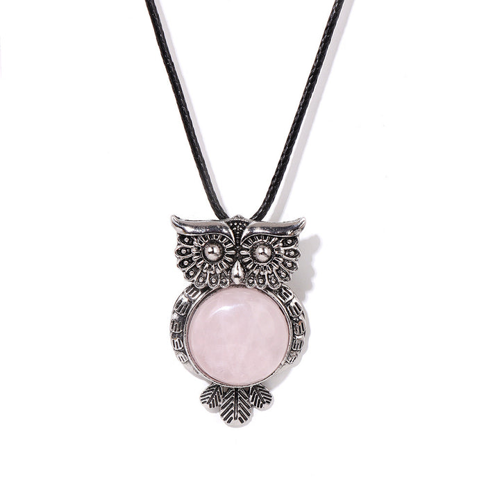 Wholesale Owl pendant necklace with semi precious stones tiger' s eye and amethyst