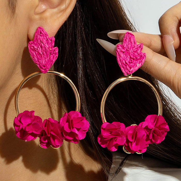 Wholesale Vacation Style Handmade Raffia Flower Earrings Red Jewelry Accessory MOQ≥5