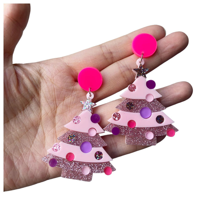 Wholesale Christmas acrylic earrings color ing green pink Christmas tree personality earrings