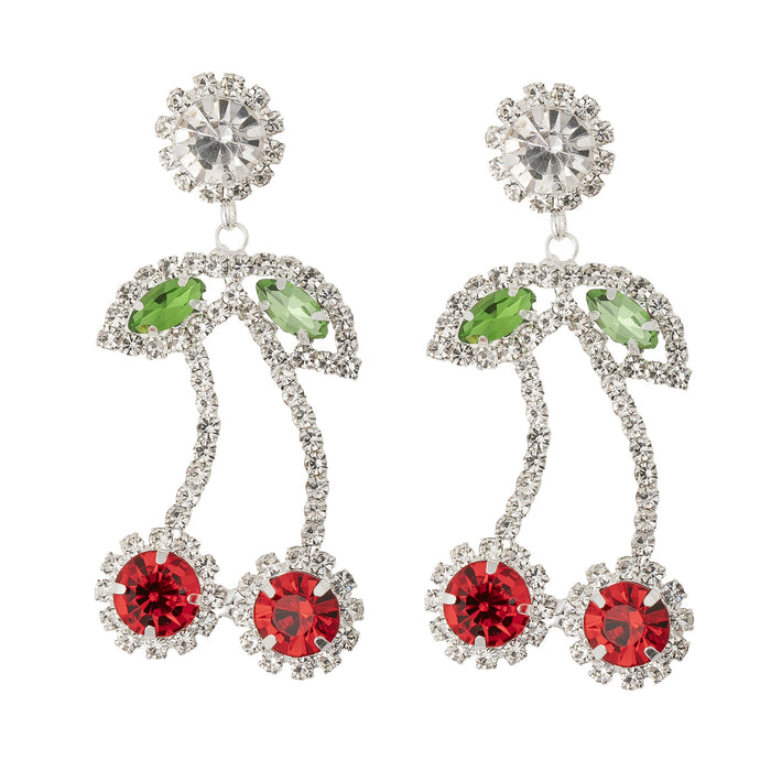 Wholesale Red rhinestone cherry pendant earrings for women, fashionable design, full diamond claw chain jewelry wholesale