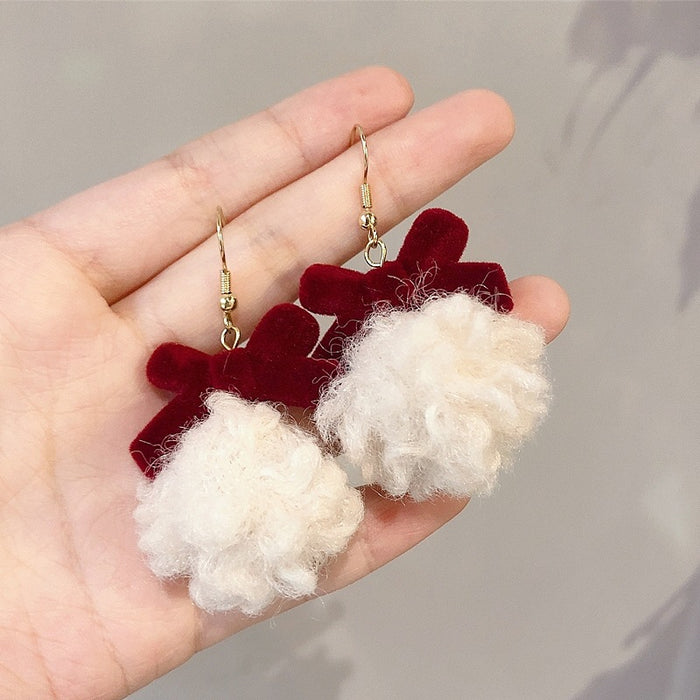 Wholesale  Ball Red Earrings Christmas Bow Plush Cute Earrings Ear Clip