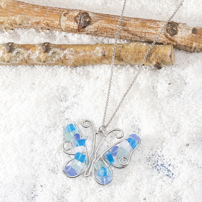 Wholesale Stylish colorful sea glass butterfly long butterfly necklace