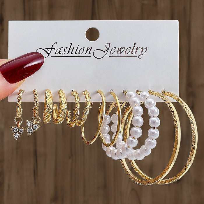 Wholesale Retro 6-piece creative heart-shaped rhinestone metal earrings