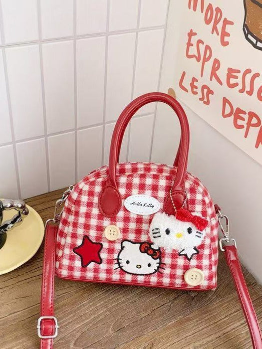 Wholesale Cartoon Cute Cat Shoulder Bags Female Red Plaid Handbag