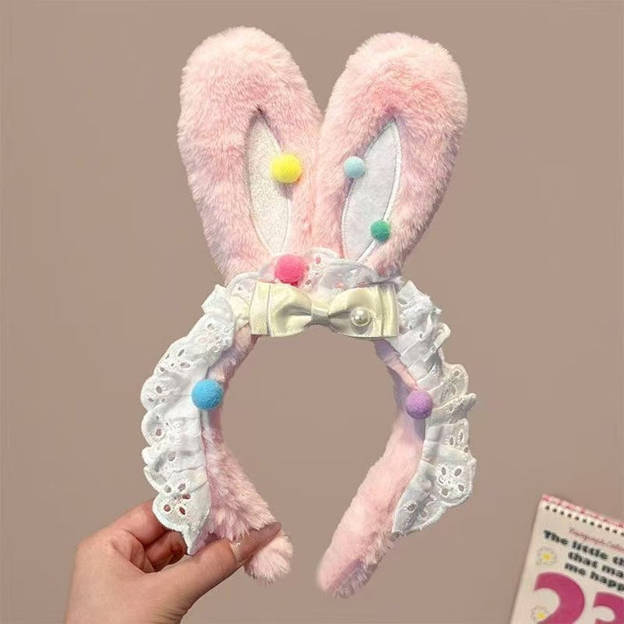 Wholesale Cute bow bunny ears lace trim plush headband